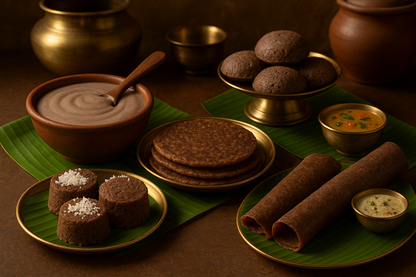 porridge made with ragi flour, ragi adai, ragi dosa, ragi idly, ragi puttu